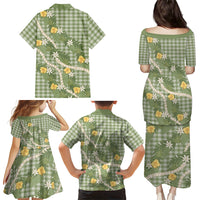 Aloha Puakenikeni Anthurium Pikake Lei Family Matching Puletasi and Hawaiian Shirt Green Hawaiian Palaka Pattern