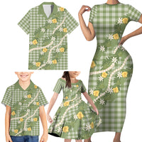 Aloha Puakenikeni Anthurium Pikake Lei Family Matching Short Sleeve Bodycon Dress and Hawaiian Shirt Green Hawaiian Palaka Pattern