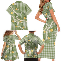 Aloha Puakenikeni Anthurium Pikake Lei Family Matching Short Sleeve Bodycon Dress and Hawaiian Shirt Green Hawaiian Palaka Pattern