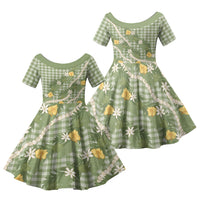 Aloha Puakenikeni Anthurium Pikake Lei Family Matching Short Sleeve Bodycon Dress and Hawaiian Shirt Green Hawaiian Palaka Pattern LT9 Daughter's Dress Green - Polynesian Pride