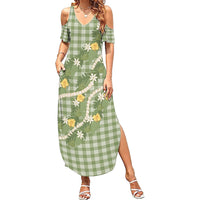 Aloha Puakenikeni Anthurium Pikake Lei Family Matching Summer Maxi Dress and Hawaiian Shirt Green Hawaiian Palaka Pattern