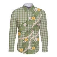 Aloha Puakenikeni Anthurium Pikake Lei Long Sleeve Button Shirt Green Hawaiian Palaka Pattern