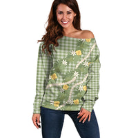 Aloha Puakenikeni Anthurium Pikake Lei Off Shoulder Sweater Green Hawaiian Palaka Pattern