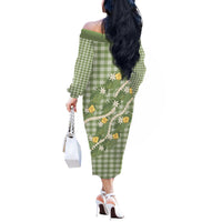 Aloha Puakenikeni Anthurium Pikake Lei Off The Shoulder Long Sleeve Dress Green Hawaiian Palaka Pattern