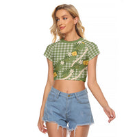 Aloha Puakenikeni Anthurium Pikake Lei Raglan Cropped T Shirt Green Hawaiian Palaka Pattern