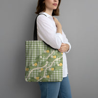Aloha Puakenikeni Anthurium Pikake Lei Tote Bag Green Hawaiian Palaka Pattern