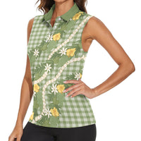 Aloha Puakenikeni Anthurium Pikake Lei Women Sleeveless Polo Shirt Green Hawaiian Palaka Pattern
