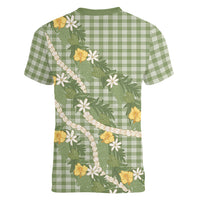 Aloha Puakenikeni Anthurium Pikake Lei Women V-Neck T-Shirt Green Hawaiian Palaka Pattern