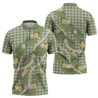 Aloha Puakenikeni Anthurium Pikake Lei Zipper Polo Shirt Green Hawaiian Palaka Pattern