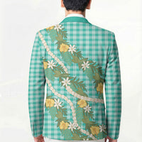 Aloha Puakenikeni Anthurium Pikake Lei Blazer Marine Hawaiian Palaka Pattern