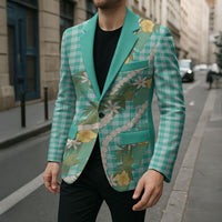 Aloha Puakenikeni Anthurium Pikake Lei Blazer Marine Hawaiian Palaka Pattern