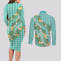 Aloha Puakenikeni Anthurium Pikake Lei Couples Matching Long Sleeve Bodycon Dress and Long Sleeve Button Shirt Marine Hawaiian Palaka Pattern