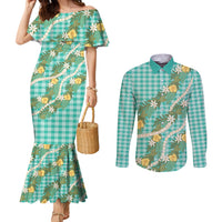 Aloha Puakenikeni Anthurium Pikake Lei Couples Matching Mermaid Dress and Long Sleeve Button Shirt Marine Hawaiian Palaka Pattern