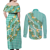 Aloha Puakenikeni Anthurium Pikake Lei Couples Matching Off Shoulder Maxi Dress and Long Sleeve Button Shirt Marine Hawaiian Palaka Pattern