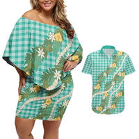 Aloha Puakenikeni Anthurium Pikake Lei Couples Matching Off Shoulder Short Dress and Hawaiian Shirt Marine Hawaiian Palaka Pattern