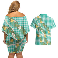 Aloha Puakenikeni Anthurium Pikake Lei Couples Matching Off Shoulder Short Dress and Hawaiian Shirt Marine Hawaiian Palaka Pattern