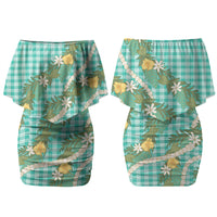 Aloha Puakenikeni Anthurium Pikake Lei Couples Matching Off Shoulder Short Dress and Long Sleeve Button Shirt Marine Hawaiian Palaka Pattern LT9 - Polynesian Pride