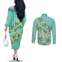 Aloha Puakenikeni Anthurium Pikake Lei Couples Matching Off The Shoulder Long Sleeve Dress and Long Sleeve Button Shirt Marine Hawaiian Palaka Pattern