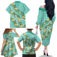 Aloha Puakenikeni Anthurium Pikake Lei Family Matching Off The Shoulder Long Sleeve Dress and Hawaiian Shirt Marine Hawaiian Palaka Pattern