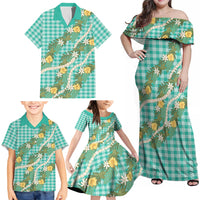 Aloha Puakenikeni Anthurium Pikake Lei Family Matching Off Shoulder Maxi Dress and Hawaiian Shirt Marine Hawaiian Palaka Pattern