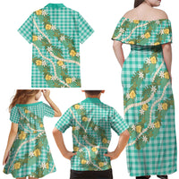 Aloha Puakenikeni Anthurium Pikake Lei Family Matching Off Shoulder Maxi Dress and Hawaiian Shirt Marine Hawaiian Palaka Pattern LT9 Mom's Dress Marine - Polynesian Pride