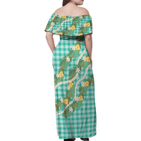Aloha Puakenikeni Anthurium Pikake Lei Family Matching Off Shoulder Maxi Dress and Hawaiian Shirt Marine Hawaiian Palaka Pattern