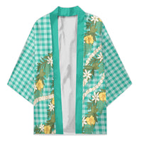 Aloha Puakenikeni Anthurium Pikake Lei Kimono Marine Hawaiian Palaka Pattern