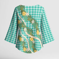 Aloha Puakenikeni Anthurium Pikake Lei Kimono Sleeve Blouse Marine Hawaiian Palaka Pattern