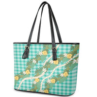 Aloha Puakenikeni Anthurium Pikake Lei Leather Tote Bag Marine Hawaiian Palaka Pattern