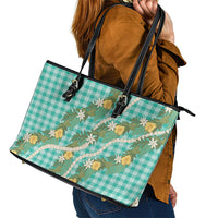Aloha Puakenikeni Anthurium Pikake Lei Leather Tote Bag Marine Hawaiian Palaka Pattern