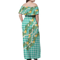 Aloha Puakenikeni Anthurium Pikake Lei Off Shoulder Maxi Dress Marine Hawaiian Palaka Pattern