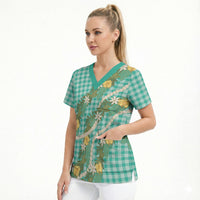 Aloha Puakenikeni Anthurium Pikake Lei Scrub Top Marine Hawaiian Palaka Pattern