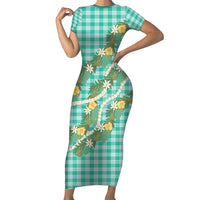 Aloha Puakenikeni Anthurium Pikake Lei Short Sleeve Bodycon Dress Marine Hawaiian Palaka Pattern