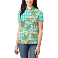 Aloha Puakenikeni Anthurium Pikake Lei Women Polo Shirt Marine Hawaiian Palaka Pattern