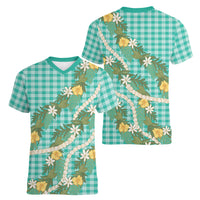 Aloha Puakenikeni Anthurium Pikake Lei Women V-Neck T-Shirt Marine Hawaiian Palaka Pattern