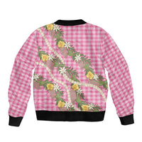 Aloha Puakenikeni Anthurium Pikake Lei Bomber Jacket Tropical Pink Hawaiian Palaka Pattern