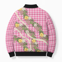 Aloha Puakenikeni Anthurium Pikake Lei Bomber Puffer Jacket Tropical Pink Hawaiian Palaka Pattern