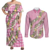 Aloha Puakenikeni Anthurium Pikake Lei Couples Matching Off Shoulder Maxi Dress and Long Sleeve Button Shirt Tropical Pink Hawaiian Palaka Pattern LT9 Pink - Polynesian Pride