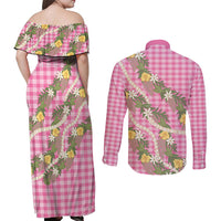 Aloha Puakenikeni Anthurium Pikake Lei Couples Matching Off Shoulder Maxi Dress and Long Sleeve Button Shirt Tropical Pink Hawaiian Palaka Pattern