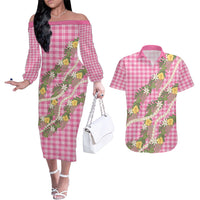 Aloha Puakenikeni Anthurium Pikake Lei Couples Matching Off The Shoulder Long Sleeve Dress and Hawaiian Shirt Tropical Pink Hawaiian Palaka Pattern