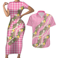 Aloha Puakenikeni Anthurium Pikake Lei Couples Matching Short Sleeve Bodycon Dress and Hawaiian Shirt Tropical Pink Hawaiian Palaka Pattern
