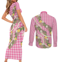 Aloha Puakenikeni Anthurium Pikake Lei Couples Matching Short Sleeve Bodycon Dress and Long Sleeve Button Shirt Tropical Pink Hawaiian Palaka Pattern