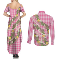 Aloha Puakenikeni Anthurium Pikake Lei Couples Matching Summer Maxi Dress and Long Sleeve Button Shirt Tropical Pink Hawaiian Palaka Pattern