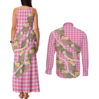 Aloha Puakenikeni Anthurium Pikake Lei Couples Matching Tank Maxi Dress and Long Sleeve Button Shirt Tropical Pink Hawaiian Palaka Pattern