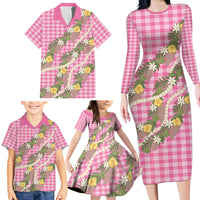 Aloha Puakenikeni Anthurium Pikake Lei Family Matching Long Sleeve Bodycon Dress and Hawaiian Shirt Tropical Pink Hawaiian Palaka Pattern