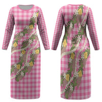 Aloha Puakenikeni Anthurium Pikake Lei Family Matching Long Sleeve Bodycon Dress and Hawaiian Shirt Tropical Pink Hawaiian Palaka Pattern LT9 Mom's Dress Pink - Polynesian Pride