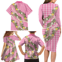 Aloha Puakenikeni Anthurium Pikake Lei Family Matching Long Sleeve Bodycon Dress and Hawaiian Shirt Tropical Pink Hawaiian Palaka Pattern