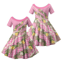 Aloha Puakenikeni Anthurium Pikake Lei Family Matching Long Sleeve Bodycon Dress and Hawaiian Shirt Tropical Pink Hawaiian Palaka Pattern LT9 Daughter's Dress Pink - Polynesian Pride