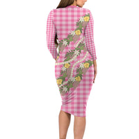 Aloha Puakenikeni Anthurium Pikake Lei Family Matching Long Sleeve Bodycon Dress and Hawaiian Shirt Tropical Pink Hawaiian Palaka Pattern