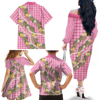 Aloha Puakenikeni Anthurium Pikake Lei Family Matching Off The Shoulder Long Sleeve Dress and Hawaiian Shirt Tropical Pink Hawaiian Palaka Pattern LT9 Mom's Dress Pink - Polynesian Pride